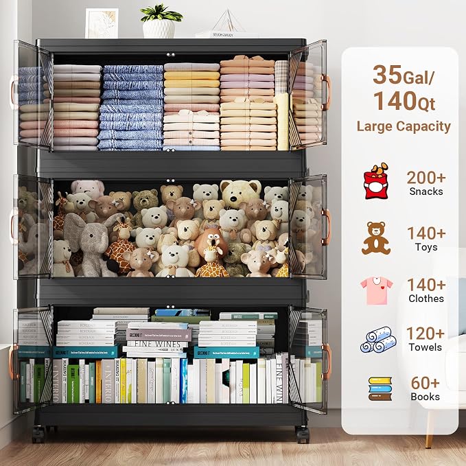 BROVIEW V60 700QT Plastic Stackable Storage Bins with Lid, 5Pack Black | 175Gal Extra Large Closet Organizers Collapsible Cabinets Boxes With Drawer, Foldable Container with 4x Wheels for Home - Image 3
