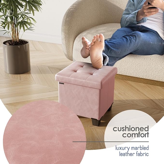 Storage Ottoman Cube with Small Bin, 15-in Square Ottoman with Storage for Living Room and Bedroom, Small Ottomans Foot Rest, Leather Foot Stools Ottomans Max 330lbs, Pink - Image 7