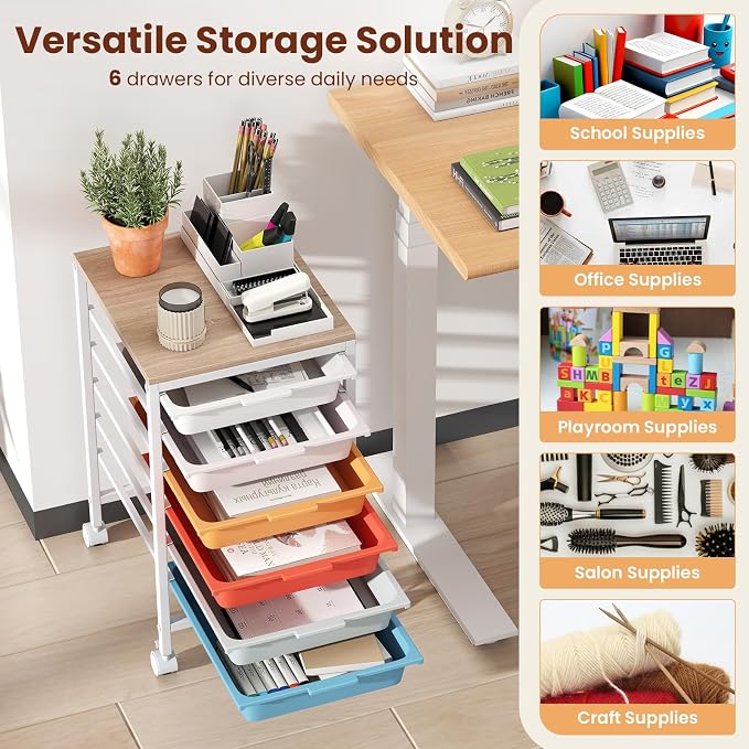 Giantex Rolling Storage Cart with 6 Drawers, Utility Cart w/Wooden Tabletop, Lockable Wheels, Multipurpose Organizer for Art Craft Scrapbooks Paper, Drawer Carts for Dorm Classroom Office, Macaron - Image 5