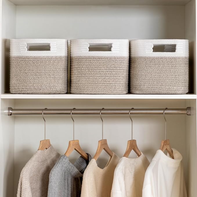 4 Pack Storage Baskets for Organizing, Shelf Baskets with Handles, White&Light Brown - Image 4