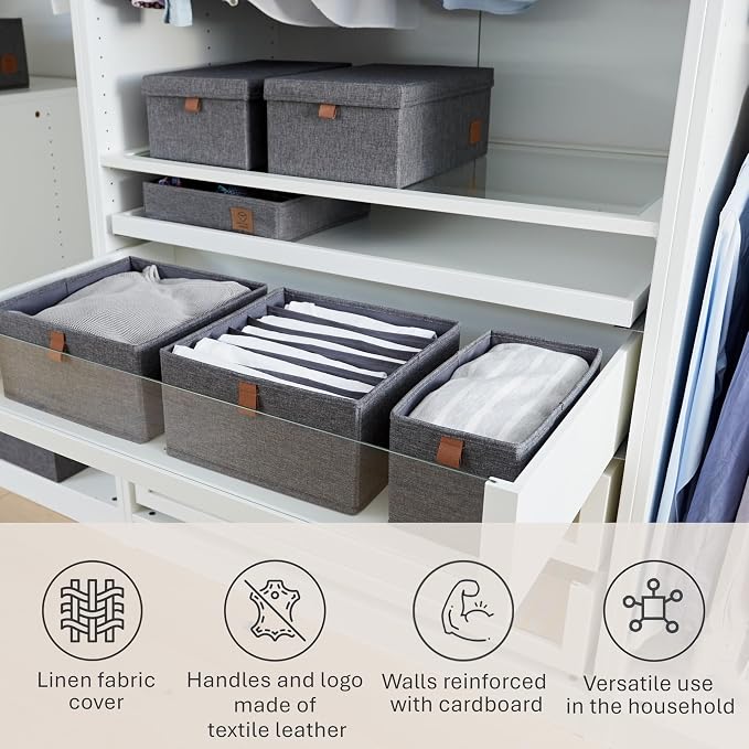 LOVE IT STORE IT Premium Drawer Box 2-Piece - Wardrobe Organiser Made of Linen Fabric - Reinforced - 6 Compartments for Bras, Shirts, Trousers - Grey - 30 x 30 x 15 cm - Image 4