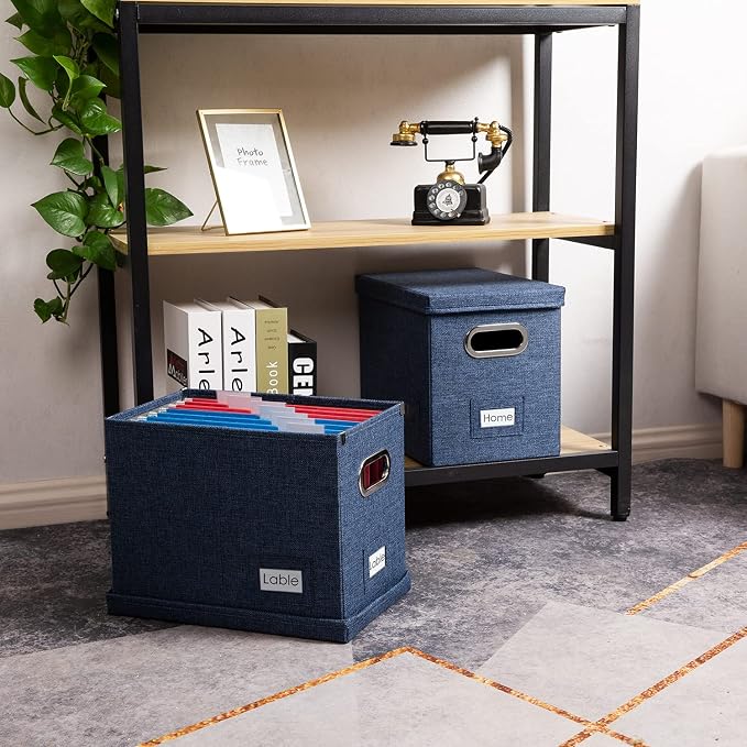File Organizer Box - Set of 4 Collapsible Decorative Linen Filing Storage Hanging File Folders with Lids Office Cabinet Letter Size Navy Blue (14x9.3x10.8 inch) - Image 3