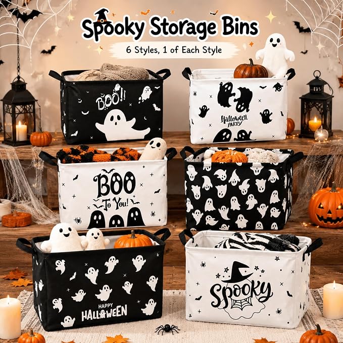 CHENGU 6 Pack Halloween Storage Basket Ghost Gift Basket for Holiday Decor Collapsible Shelf Baskets Cube with Handle for Home Office Bedroom Dorm Closet Shelf - Image 3