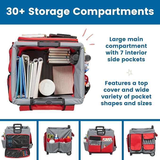 ECR4Kids Universal Rolling Cart with Canvas Organizer Bag, Mobile Storage, Red/Grey | Durable plastic, 30 compartments, adjustable handle, 40 lb capacity, collapses to 3" thick, rolling wheels for easy transport - Image 7