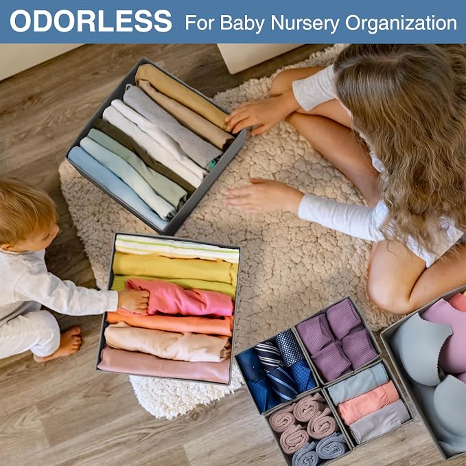 Drawer Organizer Clothes 24 Pack, Fabric Closet Organizers and Storage Bins for Underwear Sock, Odorless Dresser Drawer Dividers for Baby Nursery Organization (Grey) - Image 3