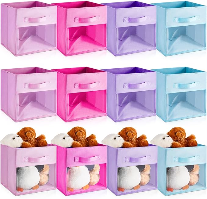 Marsui 12 Pcs Clear Cube Storage Bins 11 Inch Pink Collapsible Kids Storage Bins Fabric Classroom Organizer with Window for Kid Playroom Room Daycare Nursery(Blue, Purple, Rose, Pink) by Marsui