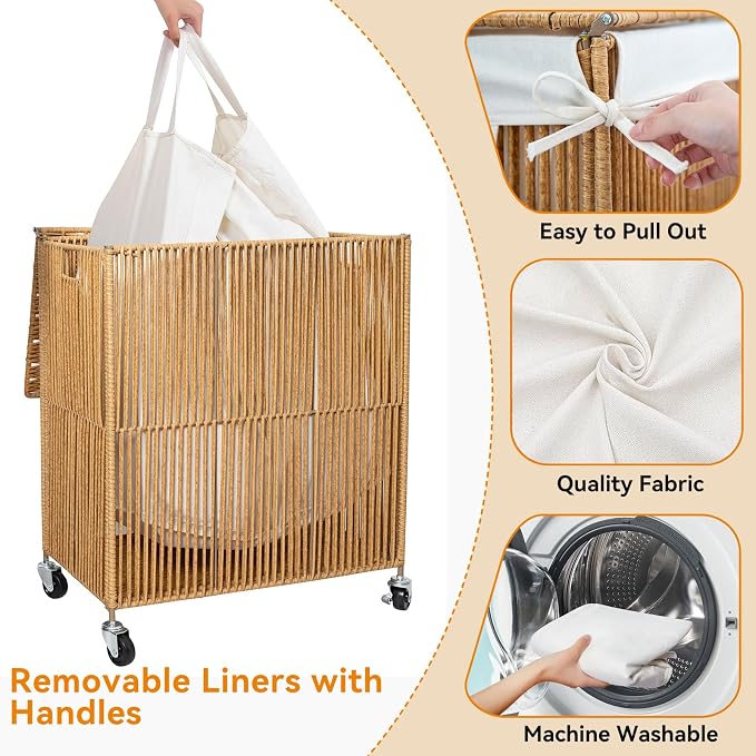 WOWLIVE Rolling Laundry Basket Wheels, Handwoven Laundry Hamper with Lid | Double Clothes Hamper with Divided Removable Bag, 115L Large Laundry Sorter 2 Section, Laundry Room Organization, Natural - Image 5