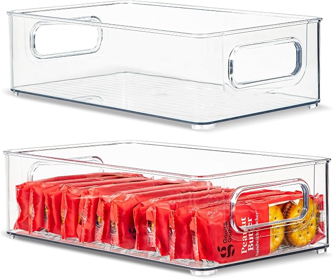 Plastic Food Storage 2 Pack Clear Container Bin with Handles for Organizing Kitchen, Pantry, Refrigerator, Freezer, Pantry, Cabinet, Closet, Bathroom. Stackable 10”x6”x3” by primebox