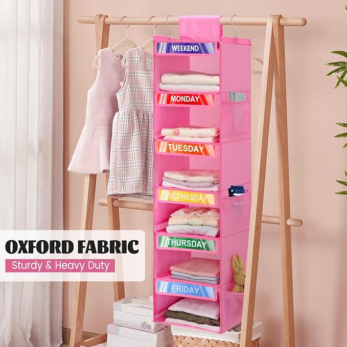 2 Pack 6-Shelf Weekly Clothes Organizer for Kids, Hanging Daily Closet Organization with 6 Side Pockets, Days of The Week Clothing Divider Storage for Boys and Girls (Pink) - Image 4