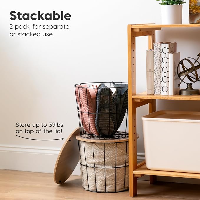 IRIS USA Round Wire Basket with Wooden Lid, 2 Pack | Living Room Bathroom Kitchen Storage, Water Resistant Surface - Image 5