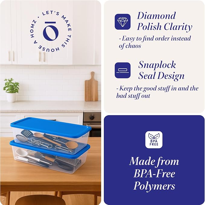 HOMZ 2-Pack Snaplock, Large Clear Plastic Storage Organizer Bins w/Lids, 41 Quart, Blue - Stackable Container Boxes for Bedroom, Bathroom, Garage, and Office Organization - Image 3