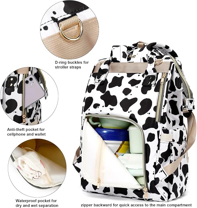 Cow Print Baby Diaper Bag Backpack for Girls Boys, Waterproof Large Maternity Nappy Bags for Mom - Image 3