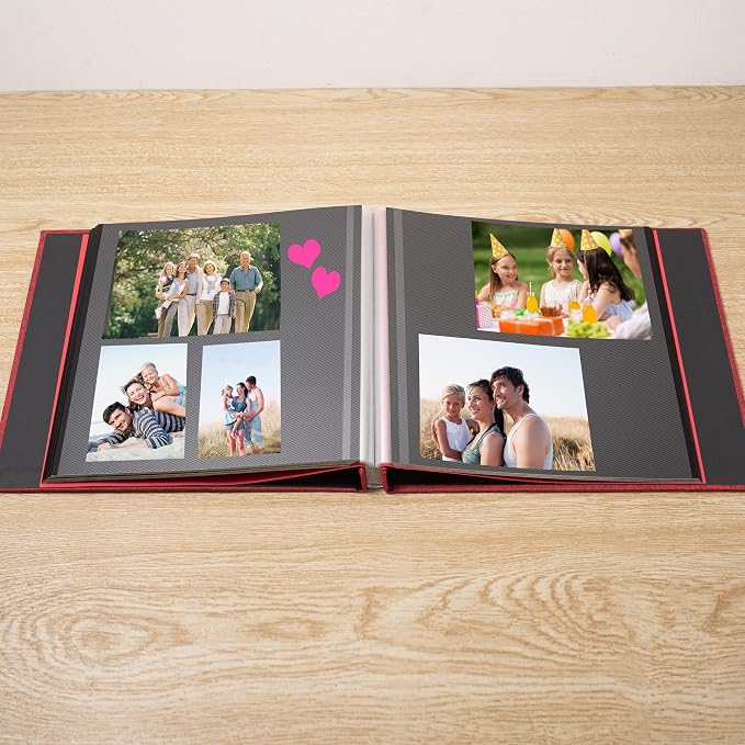 Large Photo Album Self Adhesive 4x6 8x10 10x12 13"x12.6" Scrapbook Album 12.6"x11" Inch 60 Black Sticky Pages Linen Cover Magnetic Photo Album with A Metallic Pen and DIY Stickers(Red) - Image 3