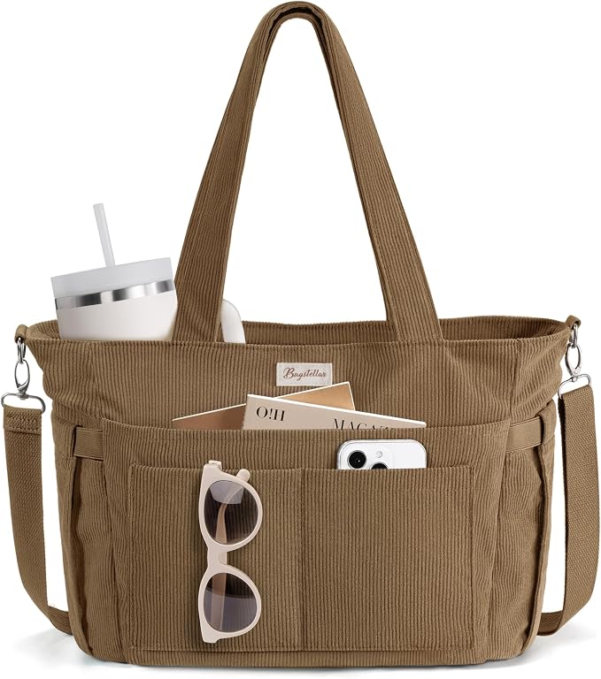 Bagstellar Corduroy Tote Bag for Women, 17 Pockets Laptop Work Tote Purse | Large 15.6” Computer Bag w/ 40oz Cup Holder & Strap, Zipper Teacher Nurse Bible Shoulder Bag for School Travel College Office by Bagstellar