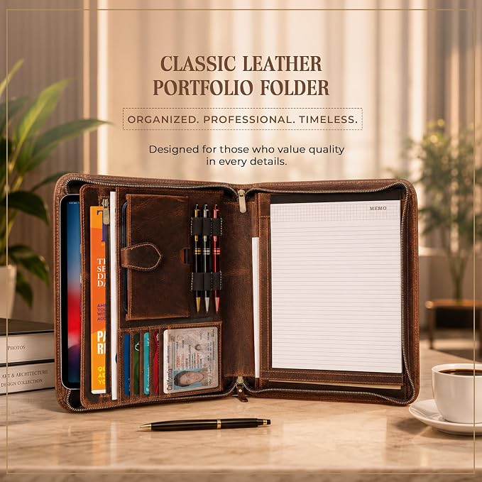 Leather Portfolio Binder, Professional Organizer Padfolio – Resume Folder, Business Card & Document Holder, Portfolios for Men & Women, Office & Business Supplies (Large - Brown) - Image 2