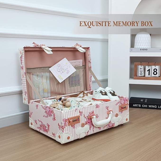 Unitravel Baby Keepsake Case, 18" Handmade Memory Storage Box, Newborn Keepsake Box, Vintage Suitcase for Baby Shower, Baptism, Naming Ceremony or Birthday (floral) - Image 3