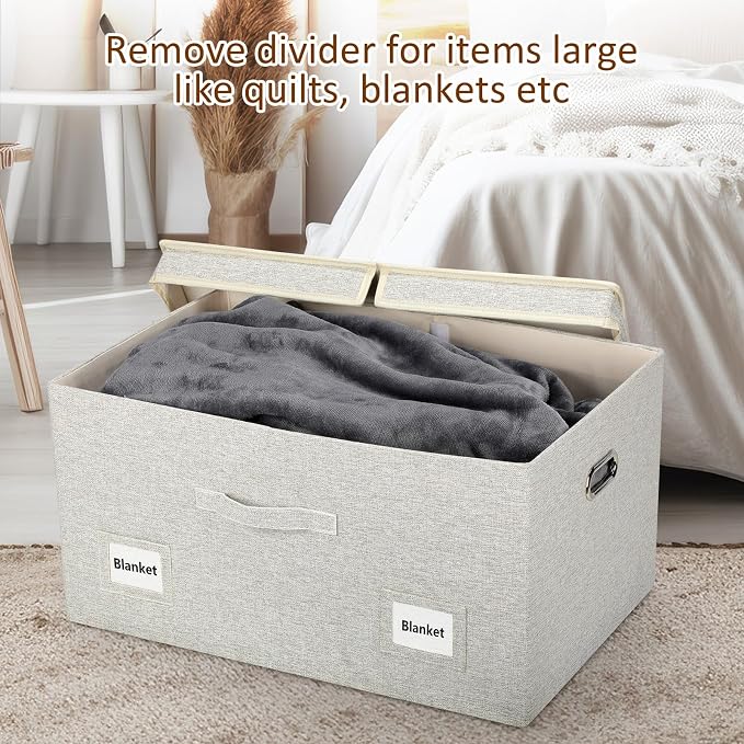 Storage Bins with Lids Fabric Closet Organizers Cubes Office Organization | 75 Quarts 1 Pack Beige Collapsible Stackable Linen Fabric 4 Handles Bedroom Closet Cabinet Under Bed Clothes Toy Office File - Image 6