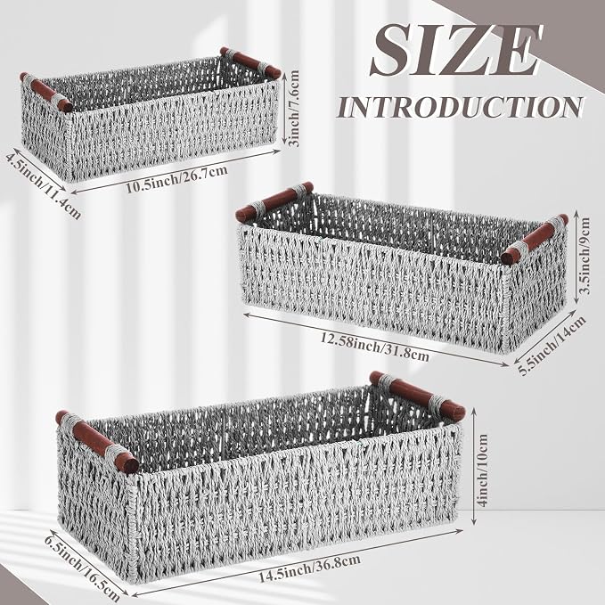 Boao 3 Pcs Boho Storage Wicker Baskets Handmade Woven Decorative Paper Rope Baskets for Organizing with Handle Countertop Toilet Paper Storage Container for Toilet Tank Top(Light Grey,Rectangle) - Image 2