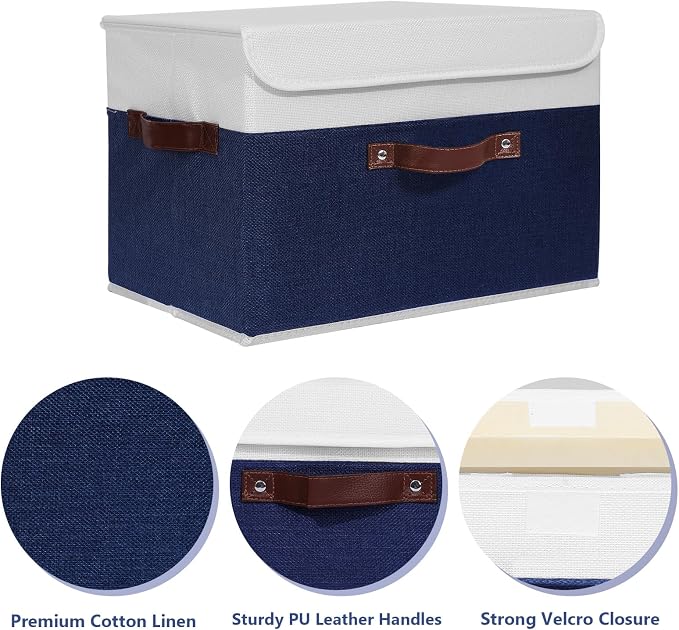 ANMINY Fabric Storage Box Bins with Lids, Blue White, 15"x10"x10", 2 Pack | Keepsake Memory Storage, Cotton Linen, PP Board Reinforced, Washable, PU Handles, Foldable & Stackable, Decorative, Large - Image 3
