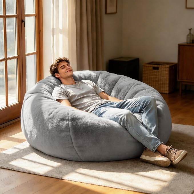 Faux Fur Bean Bag Cover (No Filler)Stuffed Animal Storage Adults Light Gray | Bean Bag Covers Large Bean Bag Sofa for Adults, furry fuzzy surface,for living room bedroom holiday gift by GurXien