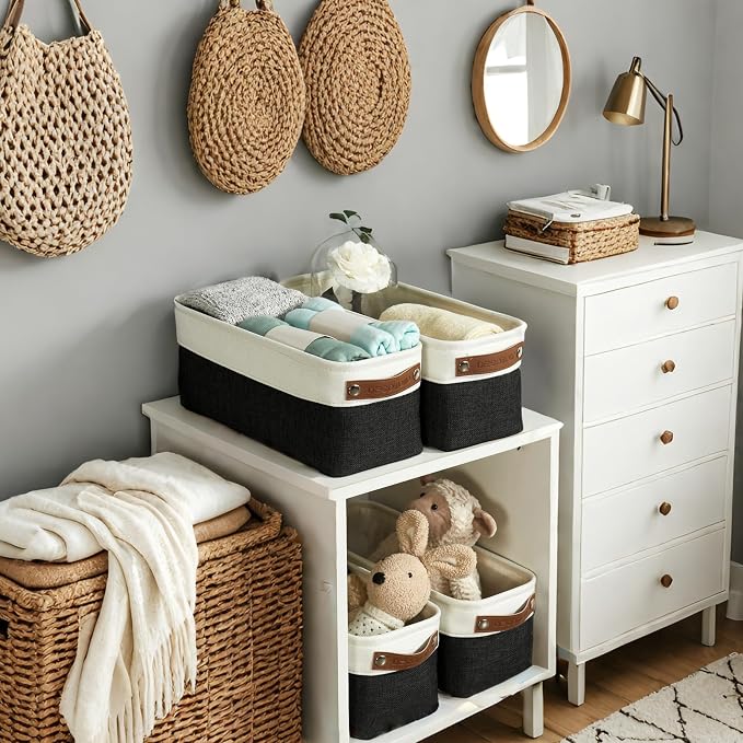 DECOMOMO Narrow Storage Bins, Small Storage Baskets for Shelves 4 Pack | Baskets for Organizing Bathroom, Toilet Tank, Gifts (Black and White) - Image 4