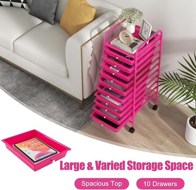 GOFLAME 10-Drawer Rolling Storage Drawer Cart, Utility Cart with Removable Drawers & Metal Frame, Mobile Art Craft Drawer Cart with Lockable Wheels for Home, Office, Studio, School, Hot Pink - Image 5