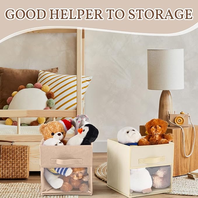 Marsui 12 Pcs Clear Cube Storage Bins Brown Collapsible Kids Storage Bins Fabric Classroom Organizer with Window for Kid Playroom Room Daycare Nursery - Image 6