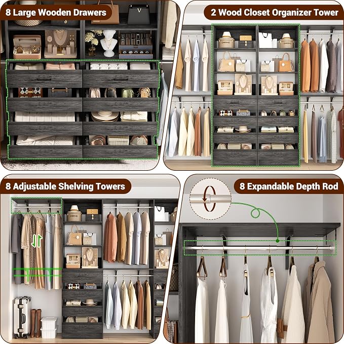 Aheaplus Closet System, Wood Closet Organizer System with Drawers,Black Oak | Set 2 Closet Wardrobe Organizer System with 4 Hanging Rods & Top Shelves, for Walk-in Closets, Cut Fits Spaces 4-9FT. Wide - Image 2
