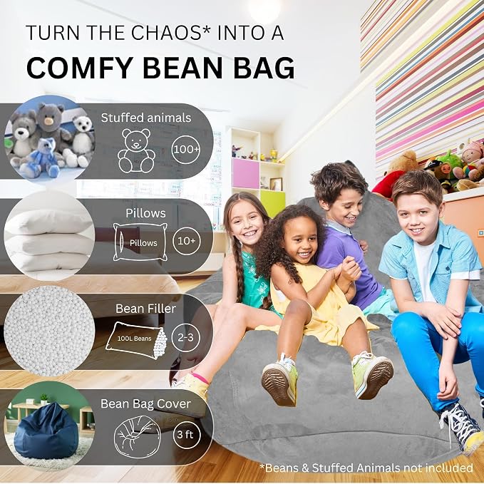 Bean Bag Stuffed Animal Storage Chair Cover (No Filler) for Kids and Adults. Extra Large Bird's Nest Beanbag Memory Foam Soft Premium (Grey, 3 ft (Cover Only)) - Image 2