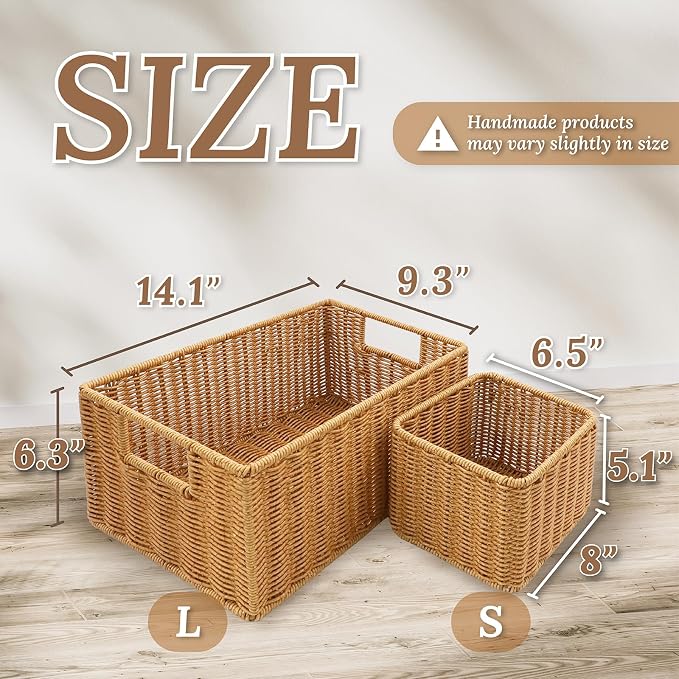 WeeNest Wicker Basket with Handle, Shelf Baskets for Organizing, Woven Organization Storage with Handles, Resin Wicker Set of 3, Latte - Image 4