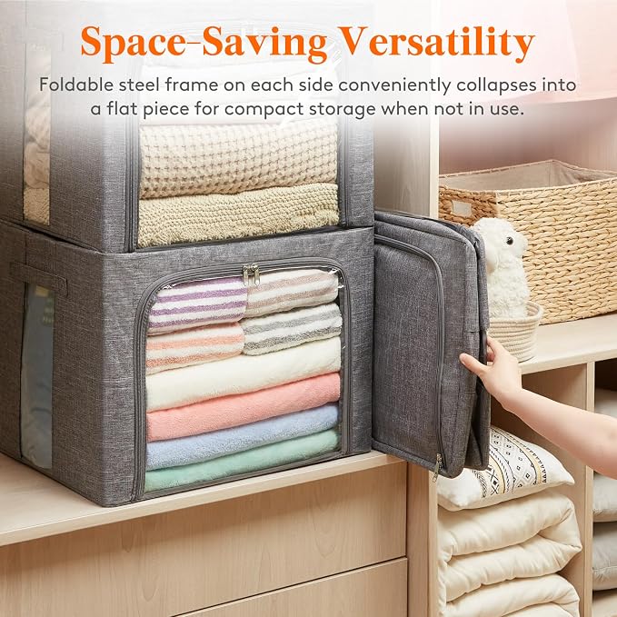 Lifewit Clothes Storage Bins with Metal Frame, Stackable Storage Box, Foldable Clothing Storage Bins with Lids, 100L Storage Bags Fabric Box Organizer with Clear Window＆ Zippers＆ Sturdy Handles 3 Pack - Image 6