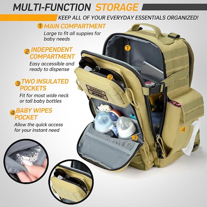 SHARKMOUTH Military Diaper Bag for Baby - Large Baby Backpack with Changing Pad for Boy Girl - Army Dad Diaper Bag for Hiking Travel Camping Trips Tan - Image 5