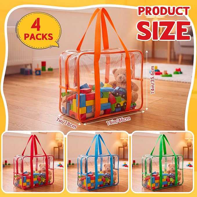4 Pack Extra Large Clear Toy Storage Bags, 14x18x7 in, Multicolor | Thick PVC Organizer Bags, with Zipper Handles, Ideal for Blocks, Puzzles, Stuffed Animals and Playroom Organization - Image 2