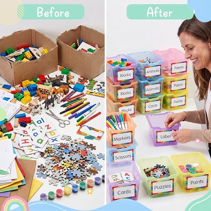 Funrous 12 Pack Plastic Cubby Bins for Classroom, Stackable Storage Bins with Rainbow Labels and Handles Cubby Organizer Containers for Teacher Supplies Home Office Daycare and Playroom (Bright) - Image 6