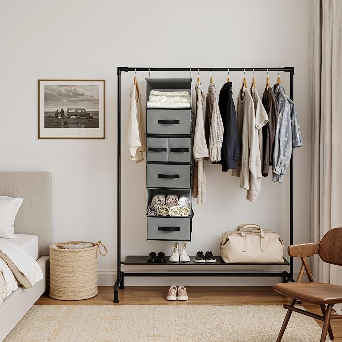 GRANNY SAYS Hanging Closet Organizer, 5 Drawers, 6 Shelves, 6 Pockets, Gray | Hanging Closet Organizer with 5 Different Drawer Designs, 6 Shelves & Reinforced Structure for Organized Small Spaces - Image 2