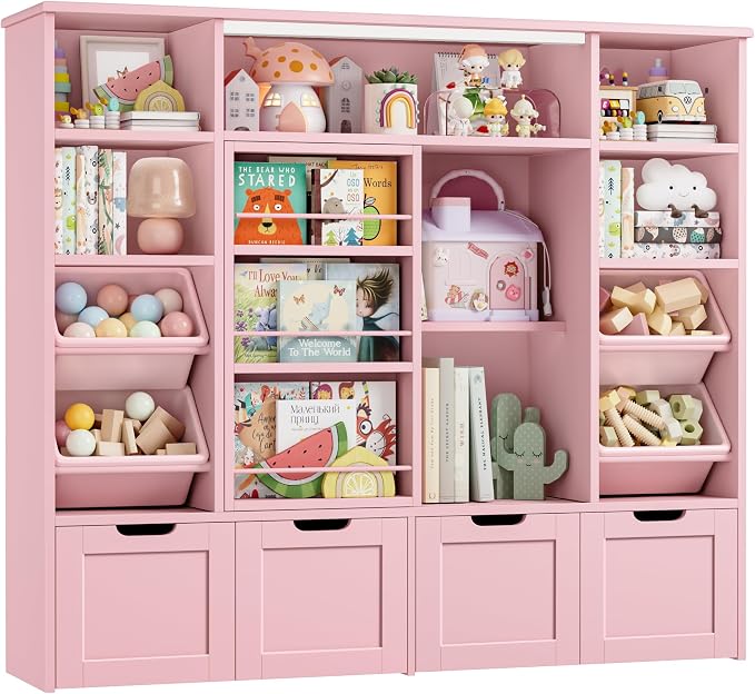 Toy Storage with Sliding Bookshelf, Toy Organizer with 4 Bins | 55.1’’ W Large Toy Storage Organizer Kids Bookshelf with 4 Movable Drawers, Toy Bins Playroom Storage for Kid Room, Pink by finetones