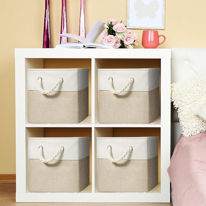 6 Pack 12x12 Inch Cube Storage Bins Square Fabric Cube Baskets, Light Brown | Foldable Organizer with Sturdy Handles, Home Closet Bin for Shelves, Durable Cube Baskets Bulk for Home Storage - Image 5