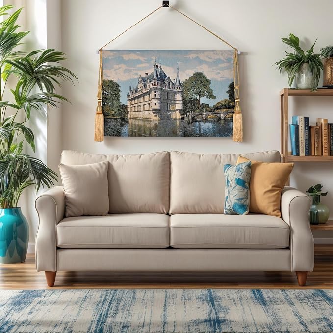 Vintage Nature Tapestry Wall Hanging Set with Telescopic Rod & Tassels - Jacquard Woven Fabric Aesthetic Country Landscape Wall Tapestry for Bedroom/Living Room Decor Green Art (42"x27") (Soft - toned, historic castle by the water) - Image 2