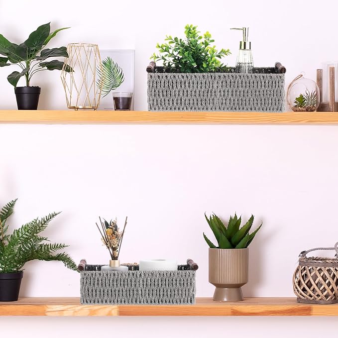 Boao 3 Pcs Boho Storage Wicker Baskets Handmade Woven Decorative Paper Rope Baskets for Organizing with Handle Countertop Toilet Paper Storage Container for Toilet Tank Top(Grey,Rectangle) - Image 6