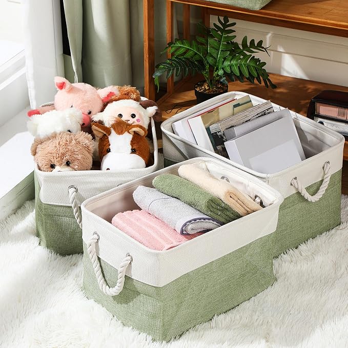 FoldTier 10 Pack Large Collapsible Fabric Storage Baskets with Handles Decorative Storage Bins for Organizing Shelves Toys Clothes(Beige & Green,16 x 12 x 10 Inches) - Image 6