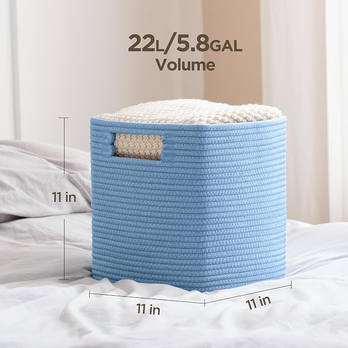 UBBCARE Storage Cubes 11 Inch, Cotton Rope Woven Baskets for Organizing, Cube Storage Bin for Baby Nursery, 4-Pack Square Toy Storage Baskets for Shleves Organizer, Closet, Kidsroom, Blue - Image 9