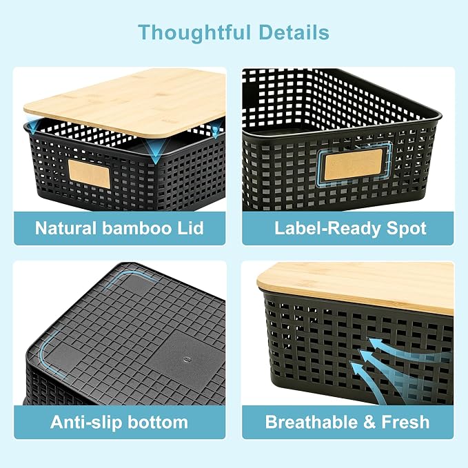 4 Pack Plastic Storage Bins with Bamboo Lids, 6.2qt Stackable Storage Organizer Box with Lable for Pantry Shelves Drawers Desktop Office, 12"L x 8.3"W x 3.5"H, Black - Image 8