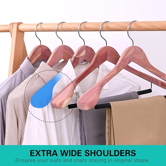 Unfinished American Red Cedar Wooden Coat Suit Hangers with Extra Wide Shoulder, Wood Jacket Clothes Hanger with Non Slip Black Padded Pant Bar- 360°Flexible Hook, Natural 4 Pack - Image 2