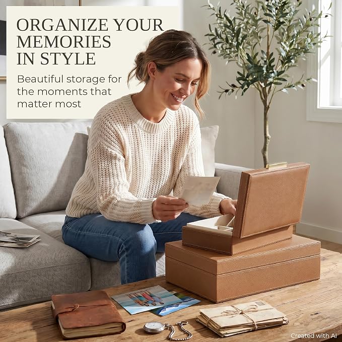 Decorative Storage Boxes with Lids - Set of 2 PU Leather Organizer Bins | Beautiful Bins for Your Bookshelf Home Decor - Safely Store Photos, Documents and Memory Box Keepsakes in Style - Image 5