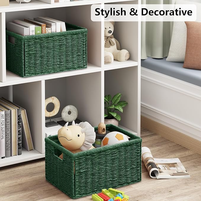 2 Packs Large Wicker Storage Basket, Closet Storage Baskets Bins for Shelves, Decorative Collapsible Baskets for Organizing Clothes Toy Nursery Bathroom Organizers and Storage, Green - Image 4