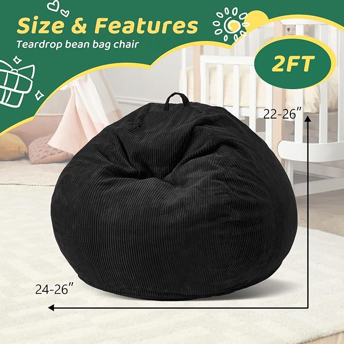 2FT Bean Bag Chair: 2' Small Bean Bags with Memory Foam Filled | Beanbag Chairs with Handle,Teardrop Bean Bag Sofa with Corduroy Machine Washable Cover for Living Room,Bedroom-Black - Image 2