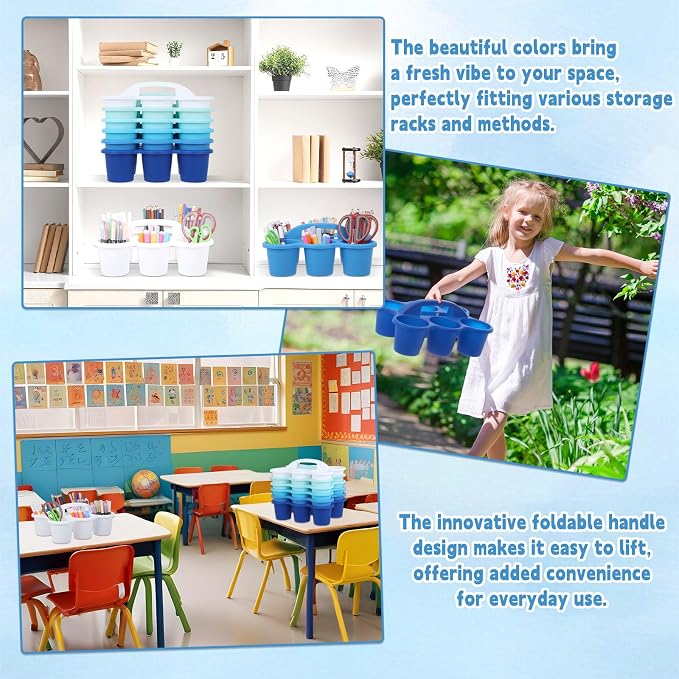 6 Pack Classroom Caddy Organizer with Handle, 6 Compartments, Gradient Blue | Stackable Plastic Table Caddies, 12x9x3.5 In, caddy Organizer for School Supplies, Crayons, Pencils, Crafts and Drink Cups - Image 6