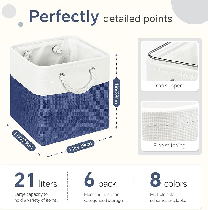 FinishingBo 11 inch Cube Storage Bin with Handles 6 Pack | Foldable Basket, Fabric Storage Bins, Closet Storage, Home Organizer (White/Navy Blue) - Image 5