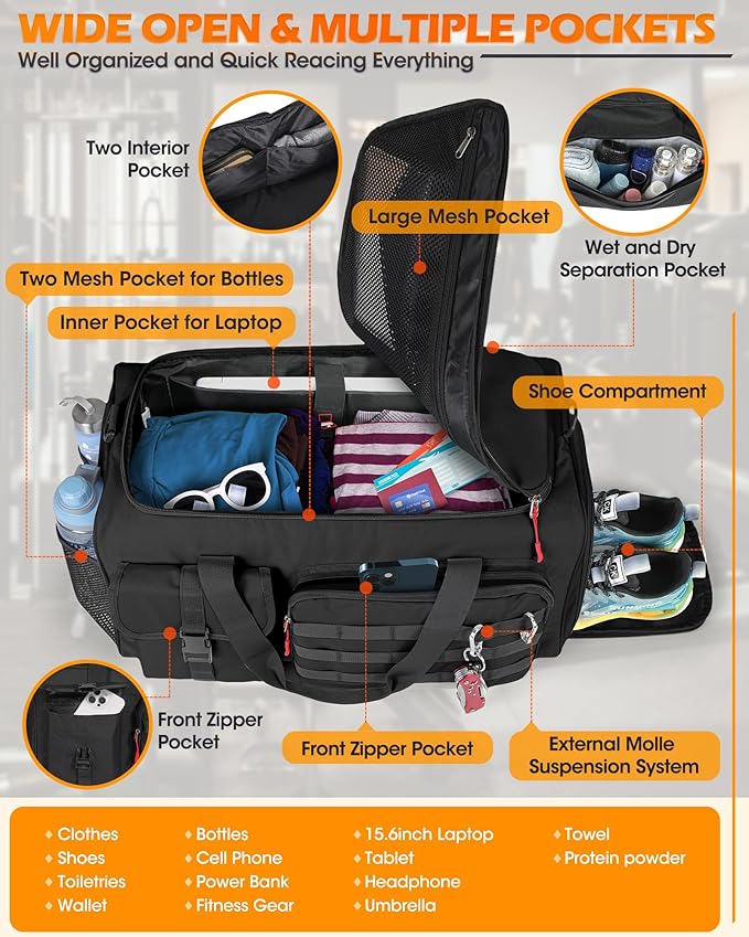 RAINSMORE Gym Bag for Men, 45L Sports Travel Duffel Bag with Shoe & Laptop Compartment, Gym Workout Backpack Carry On Weekender Bag Overnight Backpack for Travel, Black - Image 4