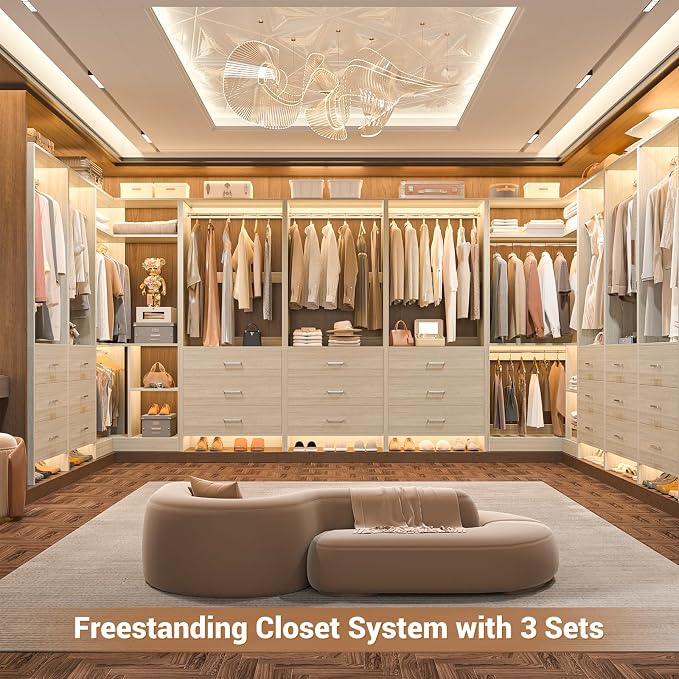 Aheaplus Closet System with 6 Drawers, 4 Hanging Rods & Corner Tower, Corner Closet System with Hanging,80.9" L-Shaped Walk-In Wardrobe Organizer, 2000+ lbs Capacity, Set of 3, White Oak - Image 6